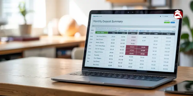 Laptop showing spreadsheet of monthly deposit summary by source