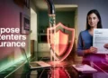 Illustration of flooded apartment, shield icon guarding valuables, and tenant holding an insurance form.