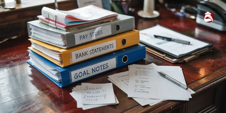 Binders labeled with pay stubs, statements, and goal notes on a desk