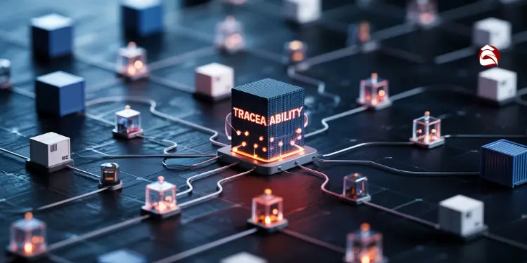 Digital network with a glowing block labeled traceability at its center