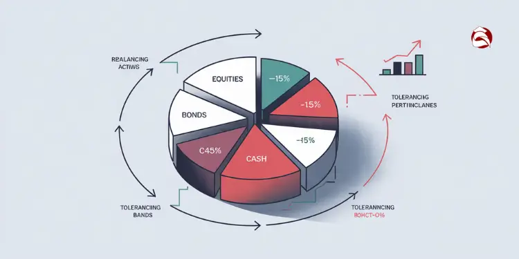 Pie chart showing asset classes like equities, bonds, and cash with rebalancing arrows