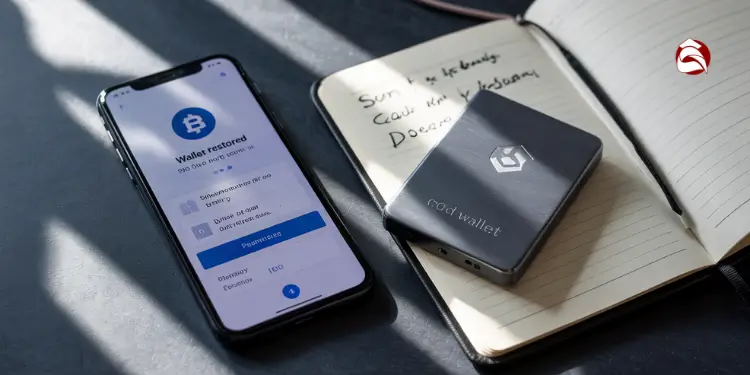 Phone with restored wallet screen and hardware wallet on notebook