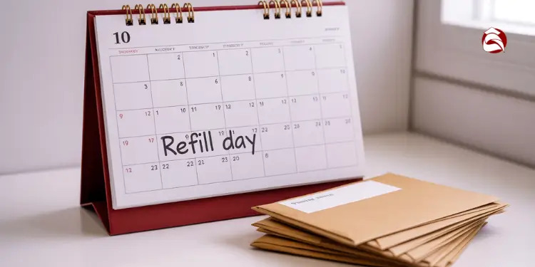 Calendar marked “Refill day” with stacked budget envelopes in front