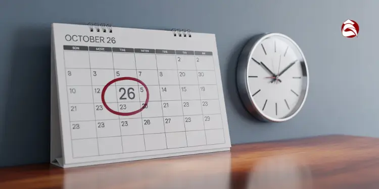 Desk calendar with October 26 circled, clock in background