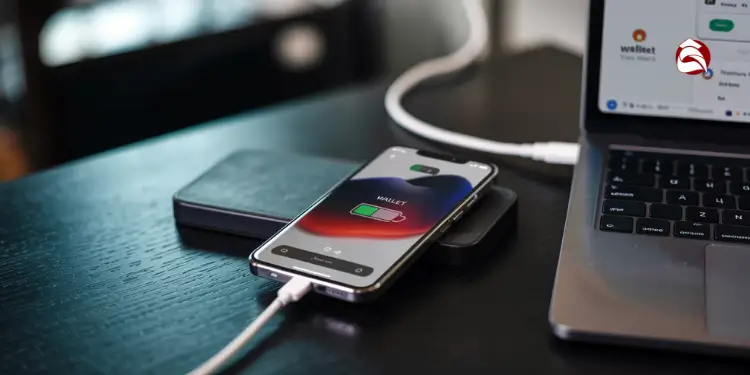 Smartphone charging next to laptop on desk