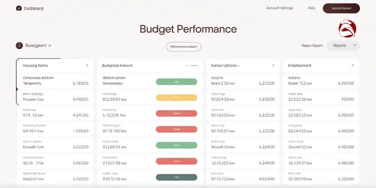 Budget app dashboard showing spending and performance by category