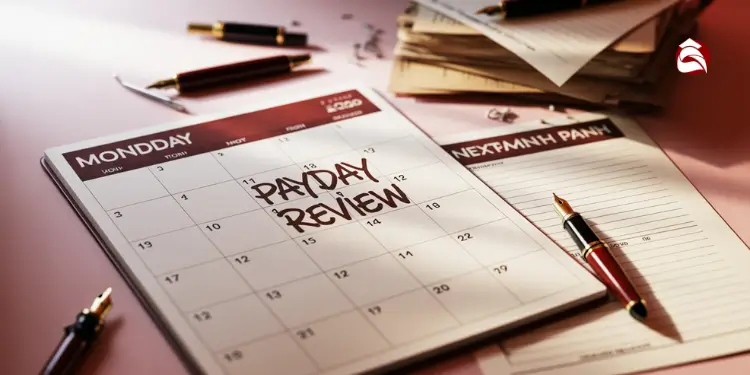 Calendar marked “Payday Review” with planner and pens on a desk
