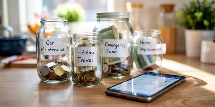 Glass jars labeled for expense categories partially filled with coins next to phone showing budget balances