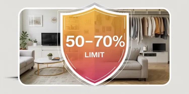 Shield icon displaying “50–70 %” overlayed on a living room scene to illustrate coverage limits.
