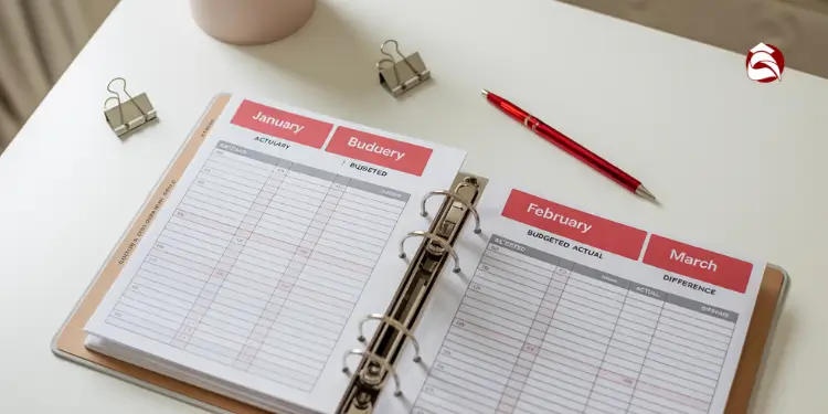 Open budgeting binder with monthly breakdowns