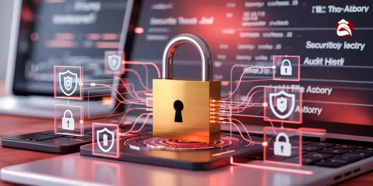 Padlock graphic over laptop with security icons and audit data