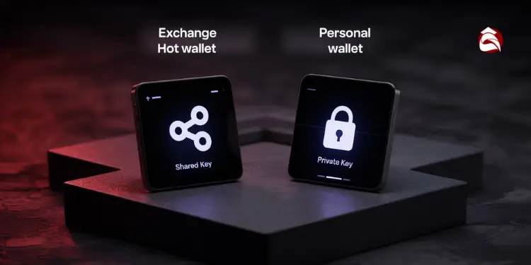 Two devices labeled exchange hot wallet and personal wallet with key icons