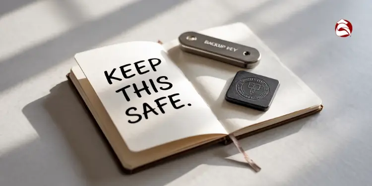 Notebook with keep this safe text, backup key, and security token