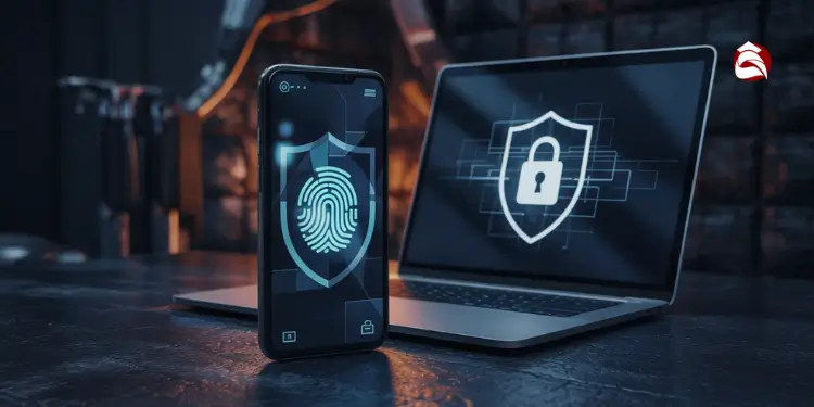 Smartphone and laptop showing fingerprint and lock shield icons
