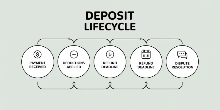 Diagram outlining each phase of a security deposit’s lifecycle: payment, deductions, refund deadlines, dispute