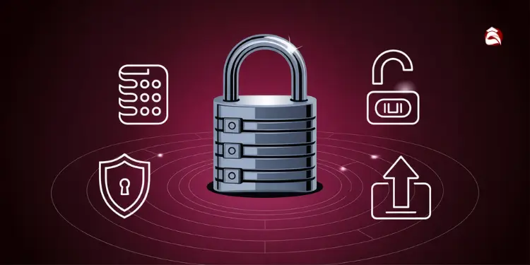 Locked padlock with five crypto security icons around it