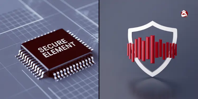 Side-by-side of secure hardware chip and shield icon with sound wave encryption