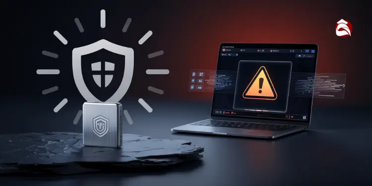 Hardware wallet with shield icon next to laptop with warning symbol