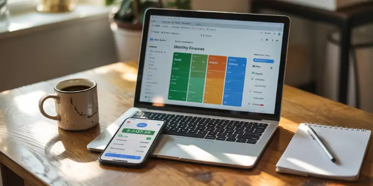 Laptop and smartphone on desk displaying budgeting app dashboard and live transaction feed.