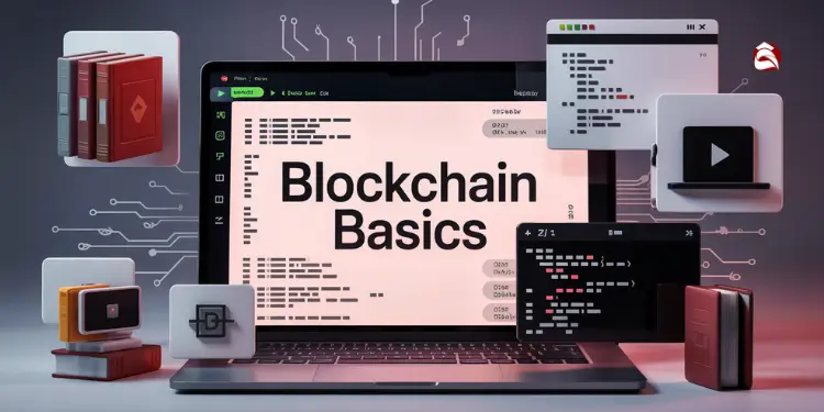Laptop screen with blockchain learning materials