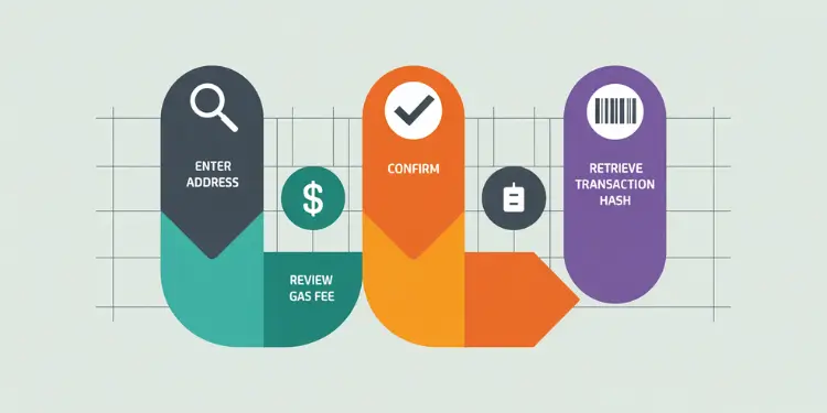 Flow diagram showing address entry, gas fee review, confirmation, and hash retrieval steps.
