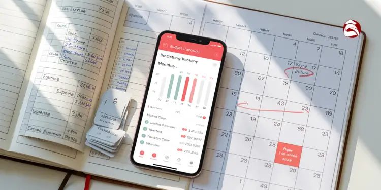 Calendar, tracker, and app showing budgeting overview