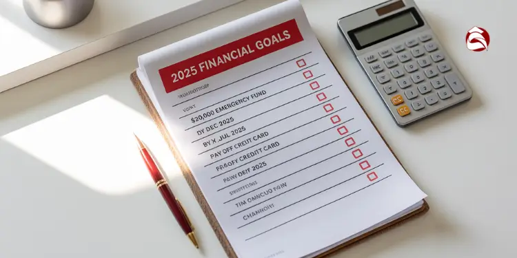 Financial goals checklist on clipboard next to calculator