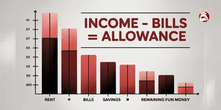 Bar graph comparing income, bills, savings, and remaining allowance
