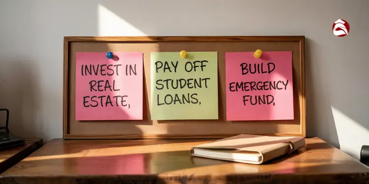 Sticky notes list budget goals: invest, pay loans, and build emergency fund