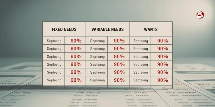 Table with fixed, variable needs and wants, each marked with 90%