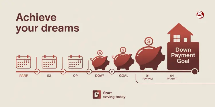 Infographic showing savings path toward down payment goal with growing piggy banks