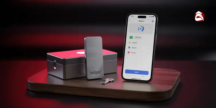 Ledger hardware wallet, key, and phone with crypto app