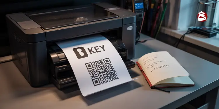 Printer printing crypto key QR code with open notebook beside