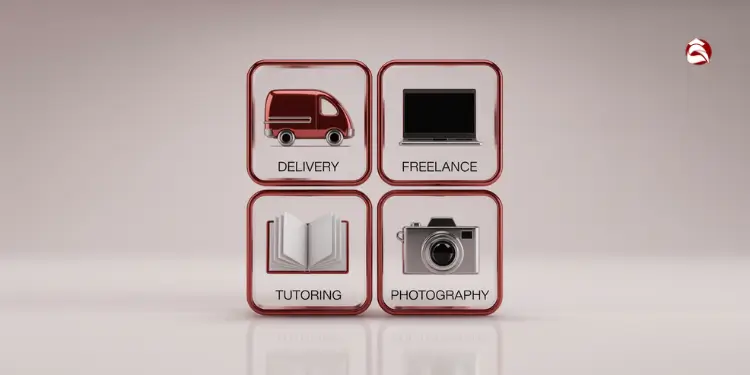 Grid of icons representing income sources: delivery, freelance, tutoring, photography