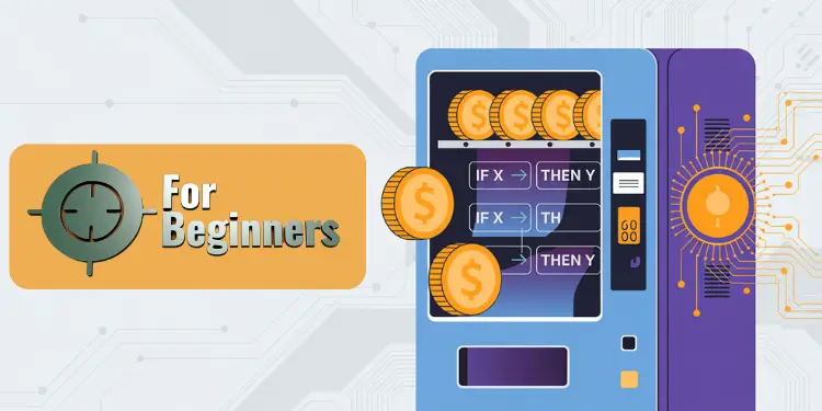 Graphic of a vending machine dispensing coin tokens labeled with conditional logic.