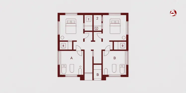 House floor plan with two bedrooms and labeled bathrooms