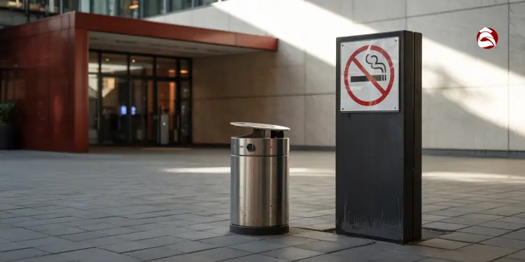 Outdoor no smoking sign near trash bin outside building entrance
