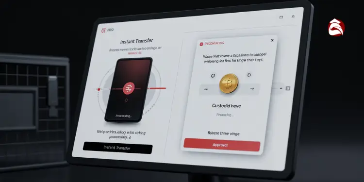 Tablet screen showing instant crypto transfer and approval process