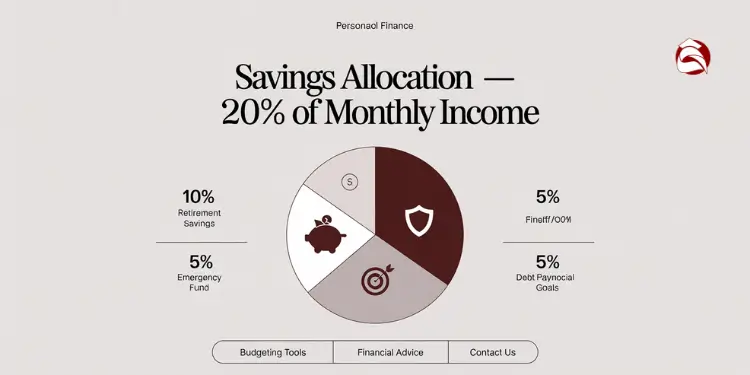 Pie chart dividing 20% monthly savings into 4 categories