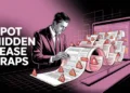 Businessperson studies a scroll-like lease on a monitor with red warning icons emerging.