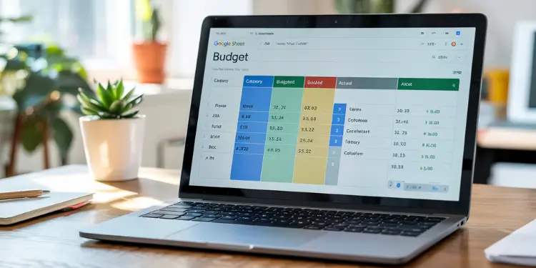 Laptop on desk showing Google Sheets budget spreadsheet highlighting colored categories.