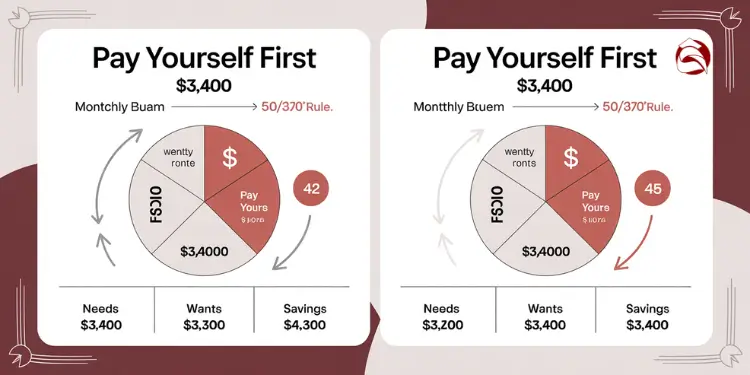 Side-by-side pie charts showing savings and spending with 50/30/20 method