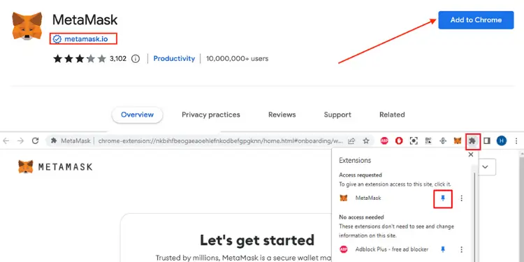 Chrome Web Store page displaying MetaMask extension entry and an arrow to install button.