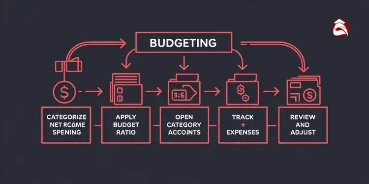 Budgeting workflow diagram with five sequential steps
