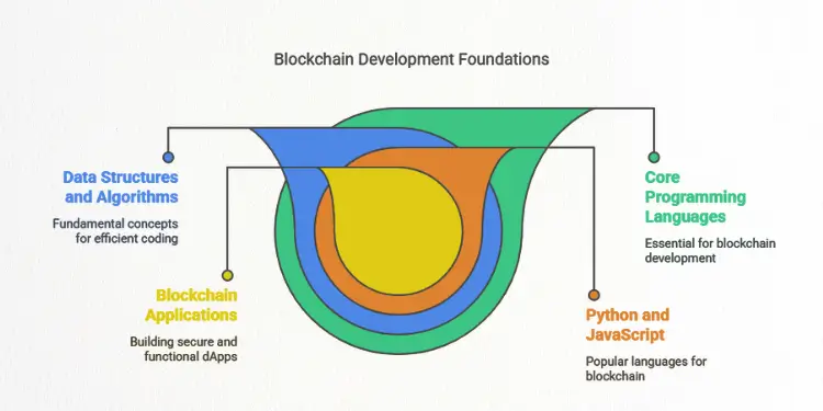 Infographic of layered arcs showing Data Structures, Blockchain Apps, Core Languages, Python & JavaScript.