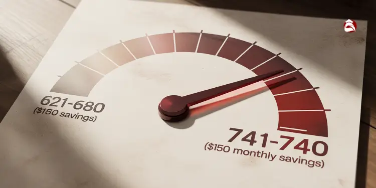 Credit score gauge showing improved rates with higher scores