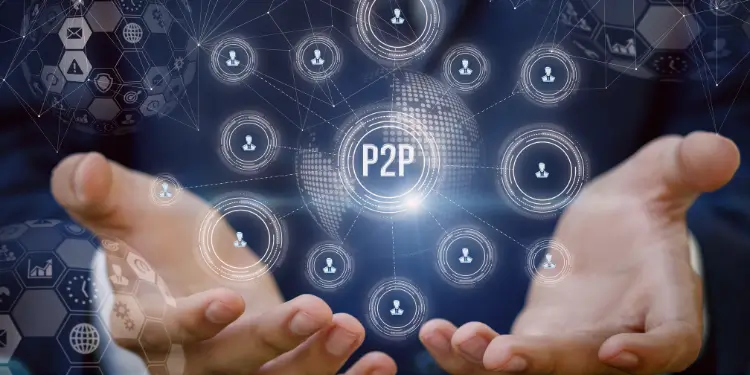 Hands holding a floating web of interconnected icons labeled “P2P” to depict decentralization.