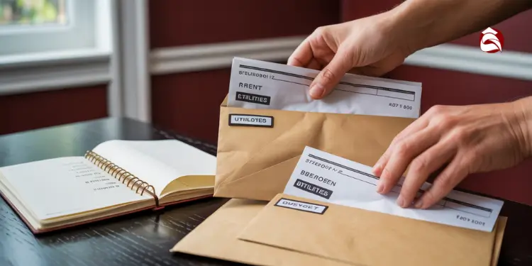 Hands placing labeled cash envelopes on a table next to a budget notebook