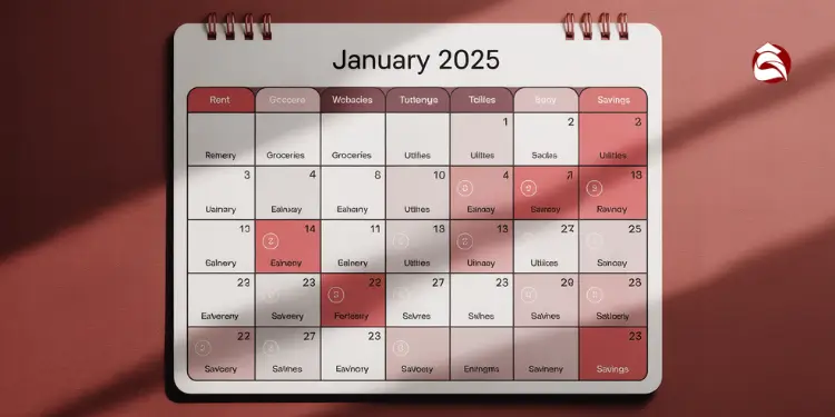 January 2025 calendar with expenses and savings marked by category