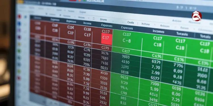 Color-coded spreadsheet with income and expense categories in red and green